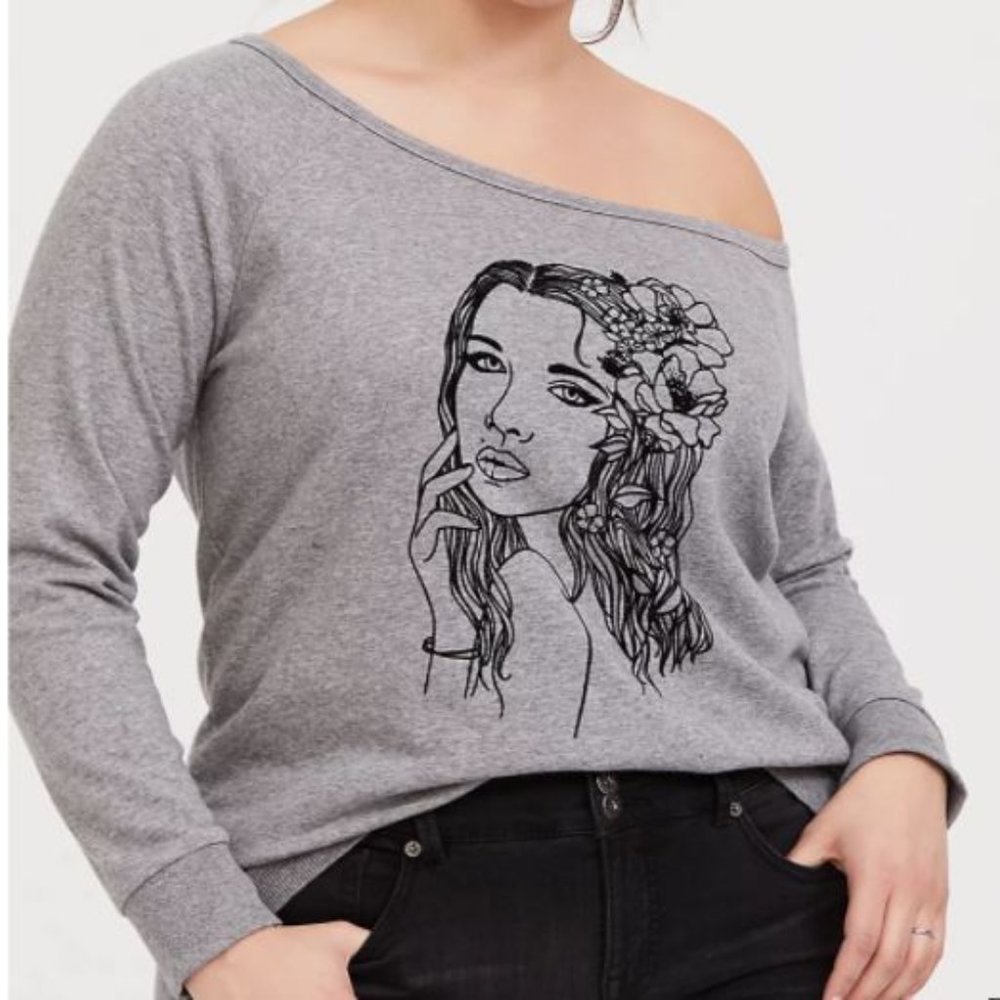 TORRID FLOCKED FLOWER OFF SHOULDER SWEATSH… - Picture 2 of 5